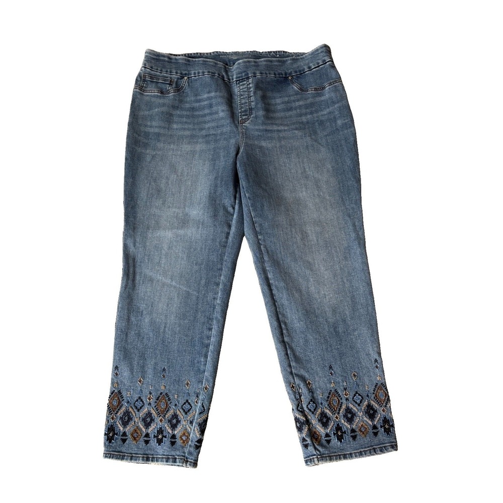 CHICO'S size 4R (20R) Blue Stretch Denim Pull-On Jegging Beaded Ankle Jeans